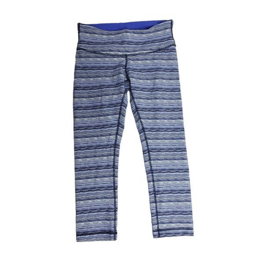 Lululemon Womens Size 6 Blue Striped Wunder Under Crop Leggings‎ Yoga Athletic